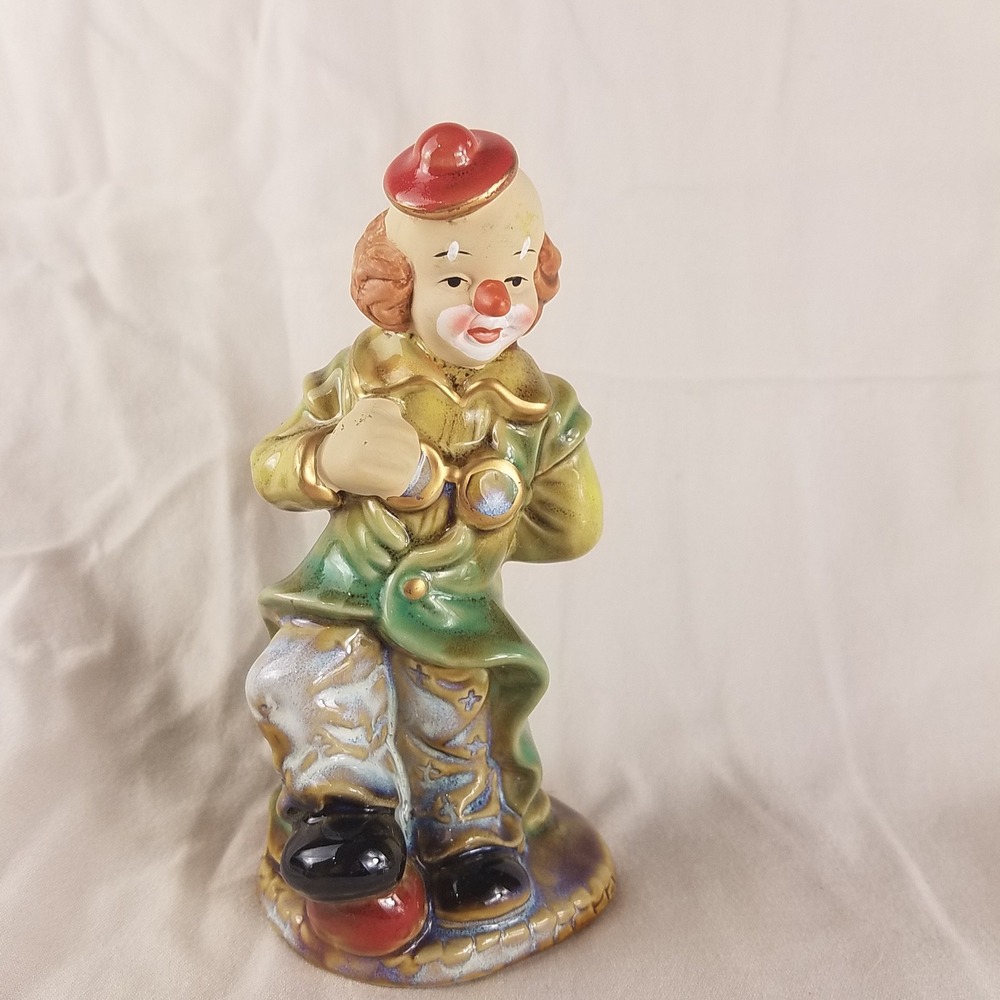 Vintage Ceramic‎ Clown Figurine Green Coat Red Hat 6.5 hobo Emmett Kelly Style